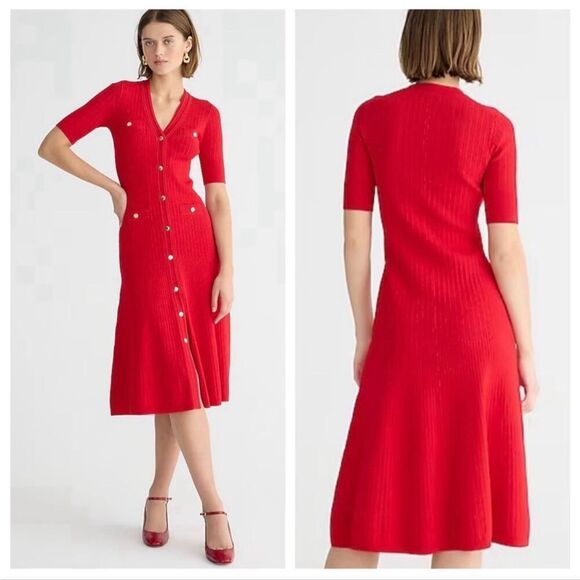 J. Crew Women’s Holiday Red Elbow Sleeve Button Up Heavy Knit Sweater Midi Dress